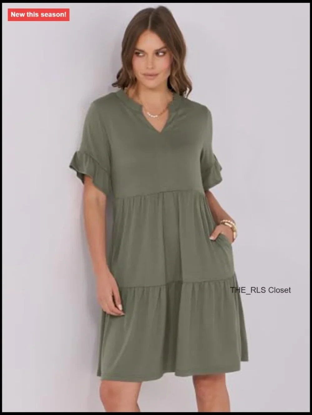 V-Neck Ruffle Sleeve Tiered Mini Dress with Pockets, Soft Rayon Blend - Picture 6 of 7